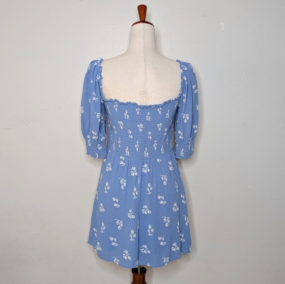 Reformation Elle Shirred Floral-print Georgette Mini Dress Blue Size 12 - Picture 5 of 8
